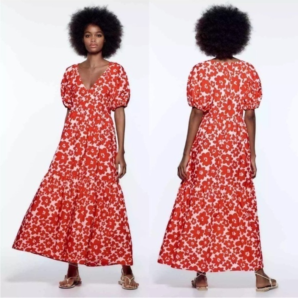 ZARA Red and white floral print midi dress
